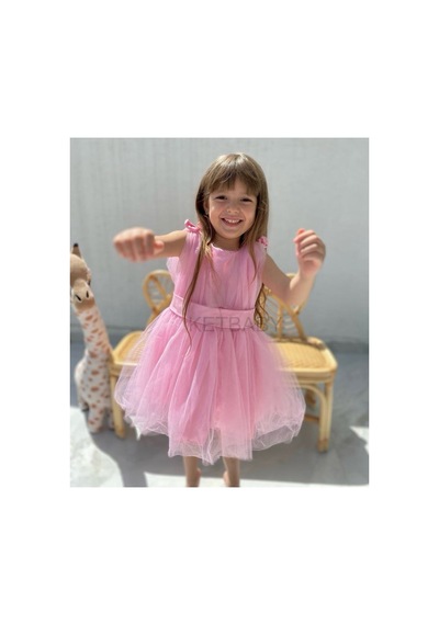Ketbaby Kız Çocuk Fiyonk Detay Kuşaklı Kısa Kol Elbise Pembe Pembe