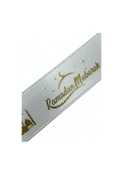 Ramadan Mubarak Yazılı Hediye Paketleme Kurdelesi, Altın Varaklı Saten Kurdele, 2.5cm X 5m, Krem Standart
