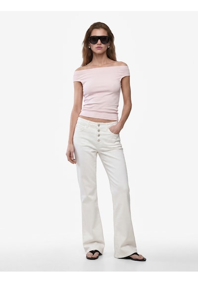 Koton Pamuklu Ribanalı Slim Fit Omzu Açık Madonna Yaka Tişört Pembe 6sak50503ek Gül