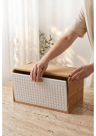 Atbyhome Çift Açılır Kapaklı Doğal Bambu Ekmek Kutusu 35.5x23.5x21 Cm - Beyaz Mat Metal Tezgah Üstü Ekmeklik