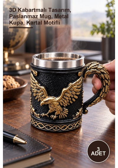 3 Adet Kartal Tasarımlı 3d Kabartmalı Paslanmaz Çelik Kupa Bardak 3d Kabartmalı Tasarım, Paslanmaz Mug, Metal Kupa, Kartal Motifli 1