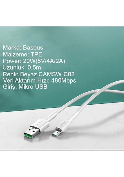 Baseus Mini White Micro Usb 4a Oppo Vıvo Dash Usb Şarj Kablosu 0.5cm- 5775 Mh-hs6385-6631