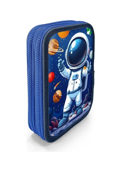 Coral High Kids Lacivert Astronot Desenli Çift Katlı Kalem Çanta 31116 Çok Renkli