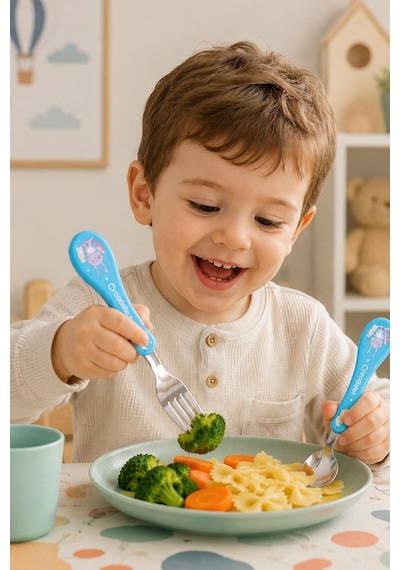 Çocuk Mama Kaşığı Çatal Seti Silikon Saplı Figürlü Metal Uçlu Bebek Yemek Seti Mavi