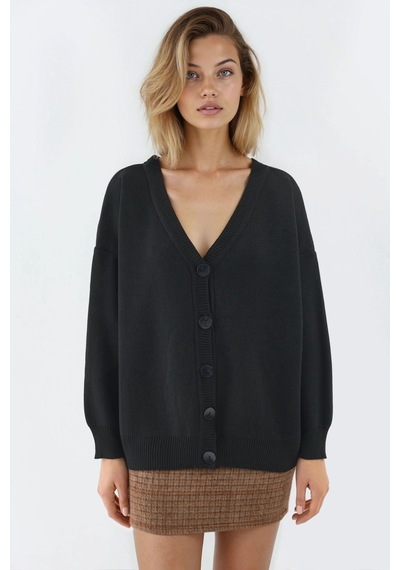 Hiccup My Fashıon Oversize V Yaka Düğmeli Triko Hırka Siyah