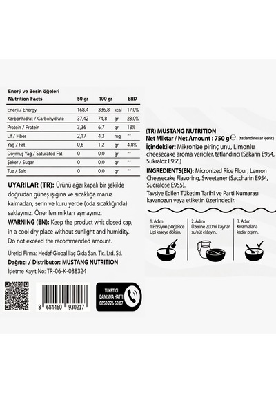 Mustang Nutrition Rice Up Pirinç Kreması 750 Gr 15 Servis Limon Cheesecake