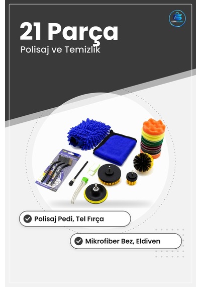 Oto Bakım Seti 21 Parça Hırdavat Polisaj Pedi Tel Fırça Mikrofibe
