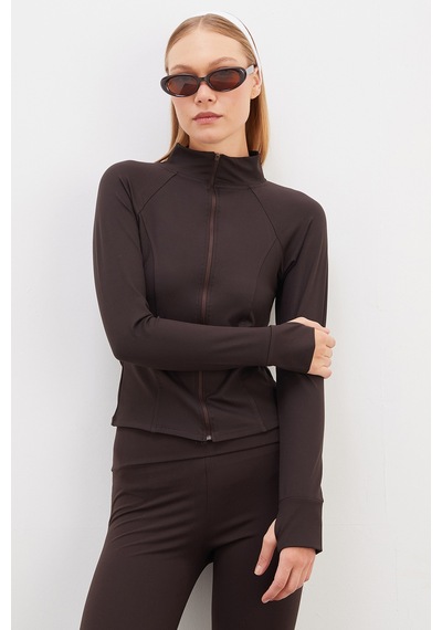 Fullamoda Parmak Geçirmeli Dalgıç Kumaş Slim Fit Ceket Kahve