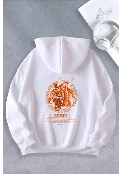 Nevermind Unisex Kadın Erkek Tiger Baskılı Oversize Sweatshirt Beyaz