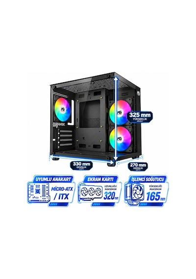 Orion Cube 3x Tuştan Değişen Rgb Fanlı M-atx Boş Bilgisayar Kasası Siyah
