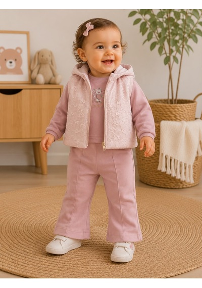 Hippıl Baby Papatya Baskılı Yelekli Kız Üçlü Takım 6-12 Aylık -bay5259513 - Pembe