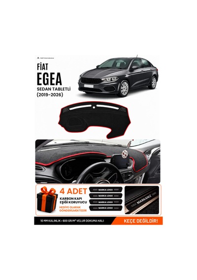 Fiat Egea Sedan 2019-2026 Tabletli Uyumlu Torpido Örtüsü, Torpido Kılıfı - Siyah Kırmızı
