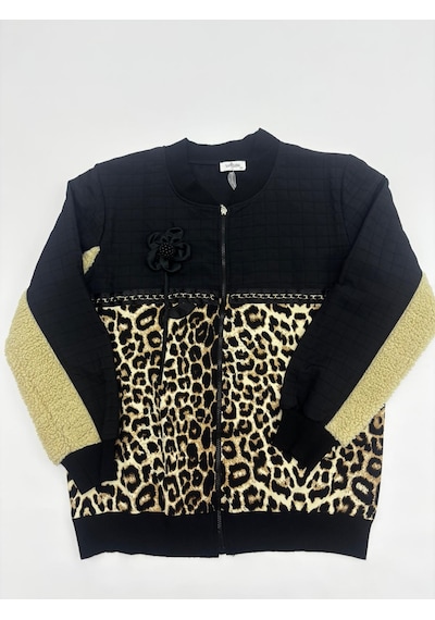 Büyük Beden Çiçek Motifli Leopar Desenli Peluş Detaylı Cepli Fermuarlı Kadın Mont