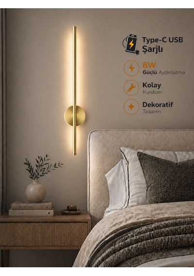 Flame Sarjlı Led Aplik 8w 3200k Gün Işığı 75cm Duvar Tipi /tablo Dekoratif Işık Gold