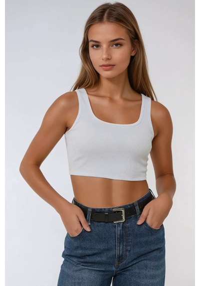 Hiccup Basic Bisiklet Yaka Crop Üst Beyaz