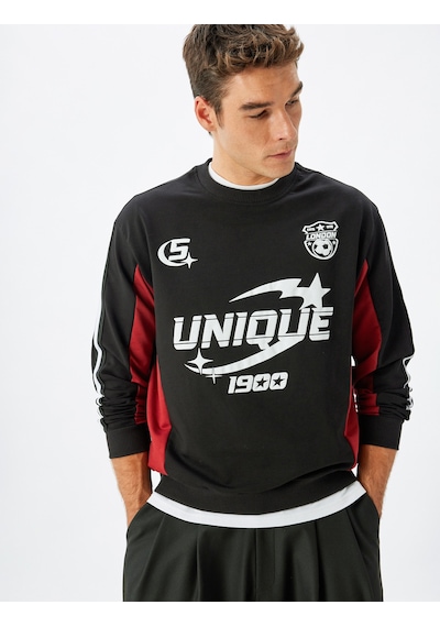 Koton Kolej Baskılı Sweatshirt Bisiklet Yaka Pamuk Karışımlı Siyah 5wam70173mk Siyah