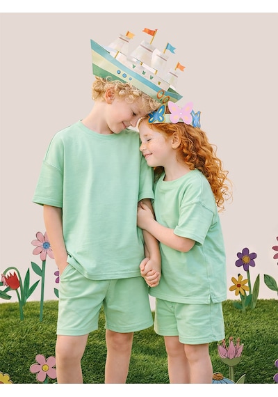 Mshb&g Mint Oversize T-shirt Şort Takım Çocuk Unisex %100 Pamuk Çok Renkli