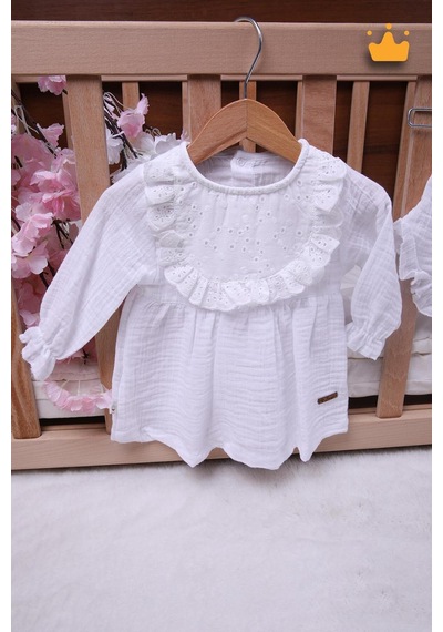 Babyhola Kız Bebek Çocuk Yazlık Elbise Müslin Önlüklü Şortlu Takım 22410 Beyaz