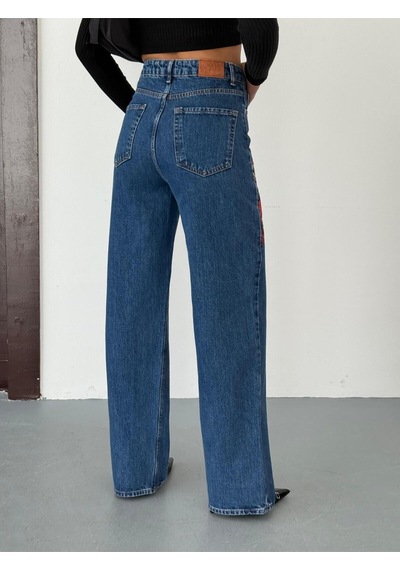 Kadın Nakış Detaylı Wide-leg Jean Kot Pantolon Mavi+koyu