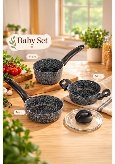 Porsima 4399 4 Parça Kaçerola Sosluk Sütlük Mini Granit Tencere Sahan Seti Gri 14cm Gri