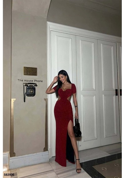 Lior Design Kadın Modern Stil Degaje Yaka Yırtmaçlı Kısa Kollu Abiye Elbise Kırmızı