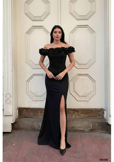 Lior Design Kadın Zarif Tasarım Esnek Krep Kumaş Straplez Abiye Elbise Siyah