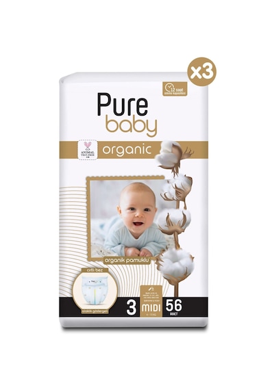 Pure Baby Organik Pamuklu Cırtlı Bez 3'lü Paket 3 Numara Midi 168 Adet 3'lü
