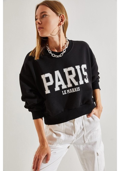 Shade Kadın Paris Baskılı Üç İplik Şardonlu Sweatshirt 40981007 - Siyah