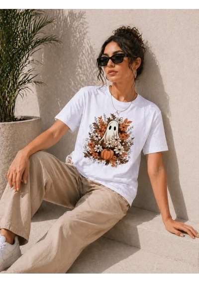 Defymoda Balkabağı Hayalet Baskılı Tişört Kısa Kol Yazlık T-shirt - Beyaz