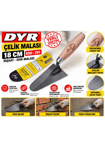 Dyr Çelik Sıva Malası Ahşap Saplı 18 Cm Ürün Kodu :291 -1 Adet Gönderilir