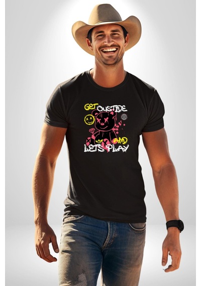 Dışarı Çık Ve Oynayalım Teddy Unisex Unisex Siyah Organik Baskılı T-shirt Penye Yüksek Kalite Siyah