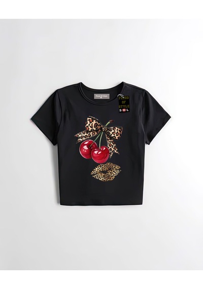 Flood Of Style Siyah Babby Tee Kiraz Kurdale Dudak Özel Tasarım