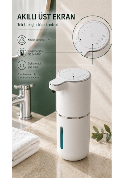 Vayomy Otomatik Köpük Sıvı Sabunluk Sensörlü Köpük Sabun Makinesi 380 Ml Usb Type-c Şarjlı Foamsmart Beyaz