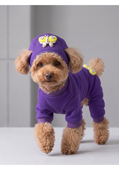 Violet Wings Köpek Bere Ve Tulum Kombini Mor Renk 3d Kelebek Aksesuarlı Penye Köpek Kıyafeti