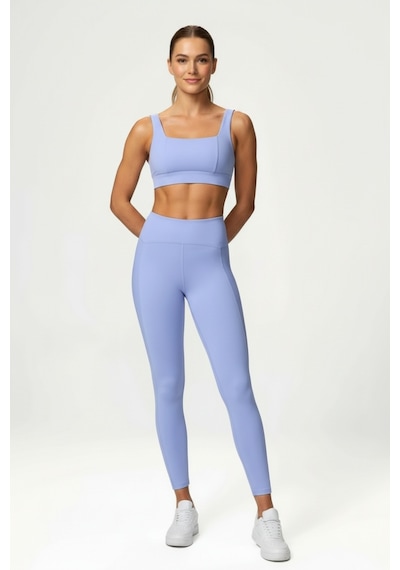 Yüksek Bel Toparlayıcı Tayt & V Sırt Destekli Spor Sütyeni - Sculpt Set Mavi