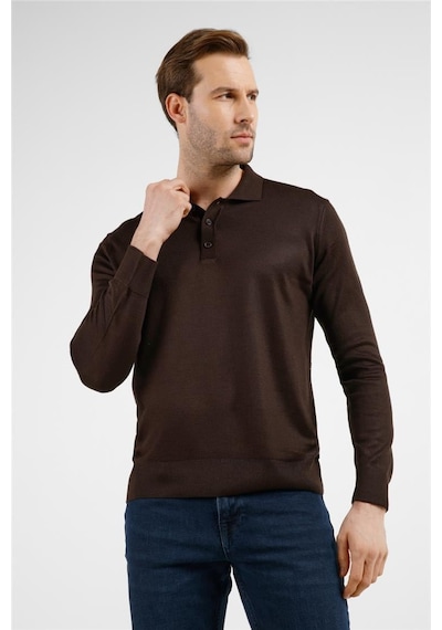İmza Kahverengi Polo Yaka Cepsiz Comfort Fit Classic Pamuklu Triko Kazak 1012255155 Kahverengi