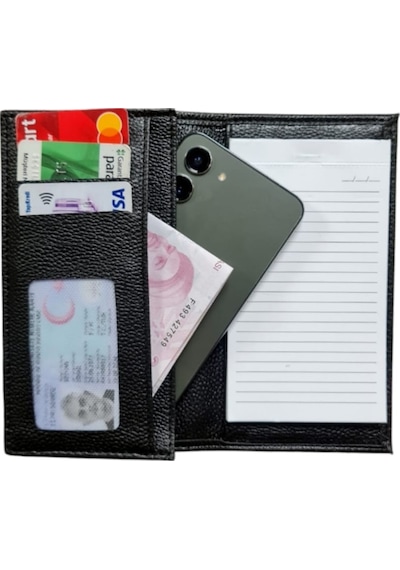 Kalemlikli Not Defteri Cüzdan , Cep Telefonu Bölmeli - Suni Deri -9,5 Cm X 17 Cm Siyah