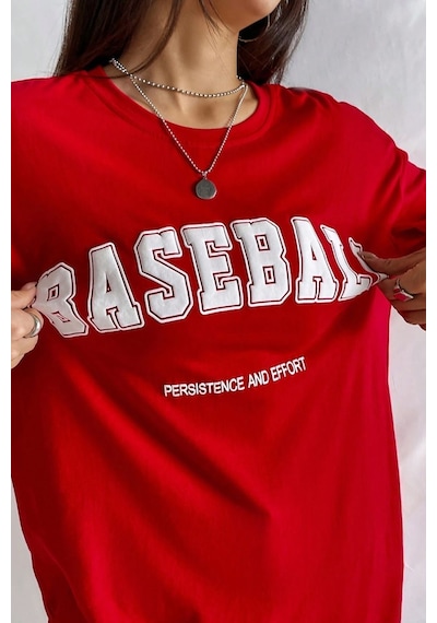 Uyguntarz Unisex Baseball Baskılı Oversize Tshirt Kırmızı