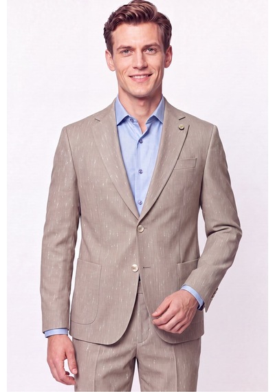 Efor Slim Fit Mono Yaka Çift Yırtmaç Koyu Bej Keten Takım Elbise Tk 952 K.bej