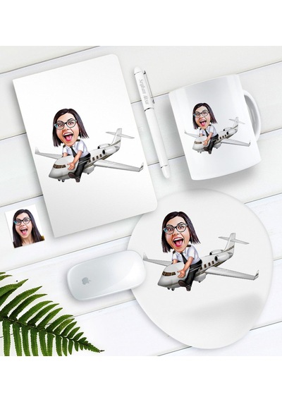 Kişiye Özel Bayan Kaptan Pilot Karikatürlü Defter Kalem Kupa Mouse