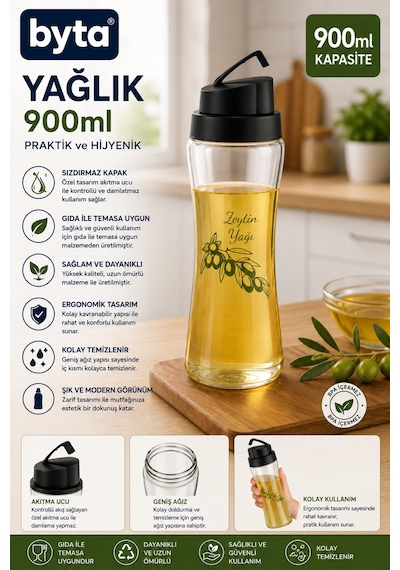 900 Ml Akıtmaz Yağlık Zeytinyağı Şişesi Damlatmaz Akıtma Kontrollü Şeffaf Bpa İçermez Yeşil Veya Siyah Kapak Gönderilir Şeffaf