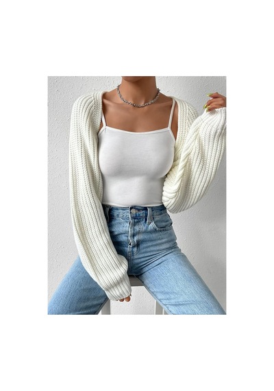 Moibody Triko Örgü Reglan Kol Bolero Hırka Kore Tarzı 4 Mevsim Ekru Ekru
