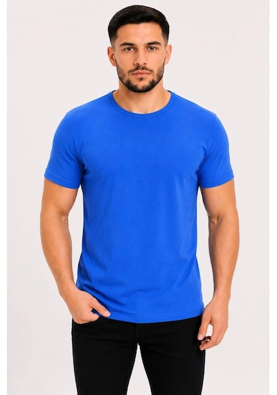 Novalisse Erkek Basic Tişört Bisiklet Yaka Kısa Kol Günlük Yazlık Slim Fit T-shirt - Saks Mavisi Çoklu Renk