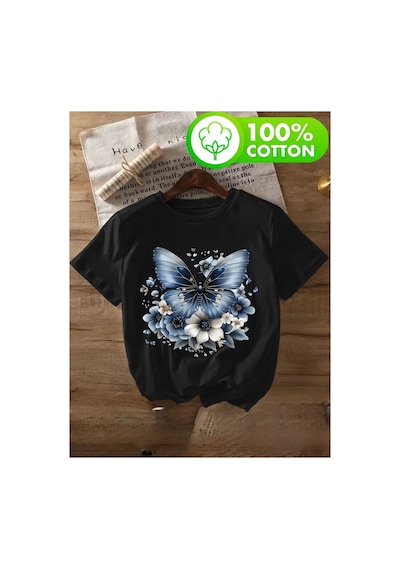 Herkesemoda Kelebek Ve Güller Baskı Detaylı Basic T-shirt Siyah