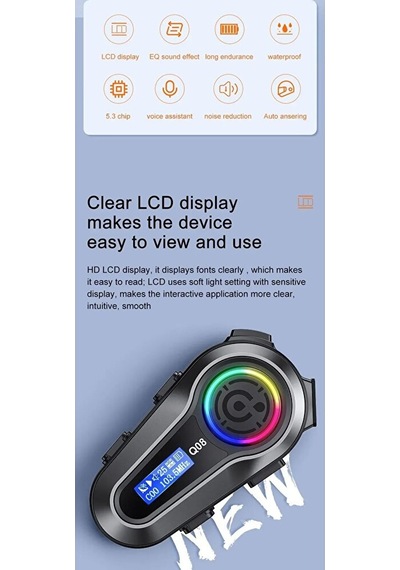 Rgb Işıklı Bluetooth Motosiklet Kask Kulaklık İntercom Su Geçirmez Ipx6 Lcd Ekran Fm Radyolu