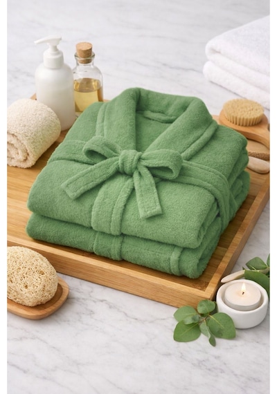 Premium Pamuklu Unisex Bornoz - Yumuşak Dokulu Hızlı Kuruyan Canlı Renkli Bornoz Yeşil S - M Yeşil