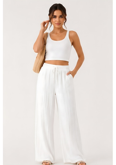 Lili Woman Kadın Beli Bağcıklı Keten Bol Paça Pantolon E.3040 Beyaz