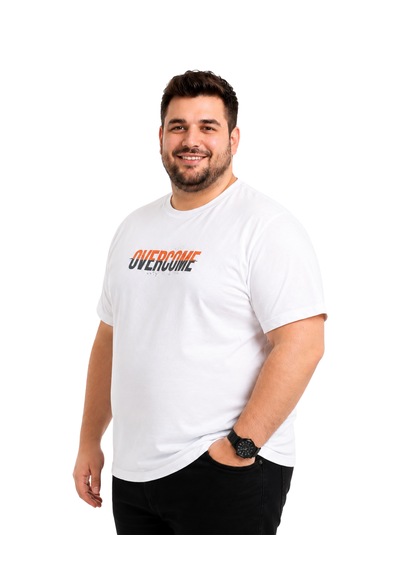 BattaLmoda Erkek Büyük Beden Beyaz Bisiklet Yaka Kısa Kollu Overcome Thsirt 3XL-4XL-5XL-6XL