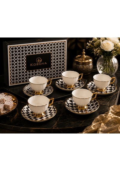 Premium Porselen 6 Kişilik Türk Kahvesi Fincan Takımı Gold Detaylı Modern Desenli Şık Hediye Seti Çok Renkli