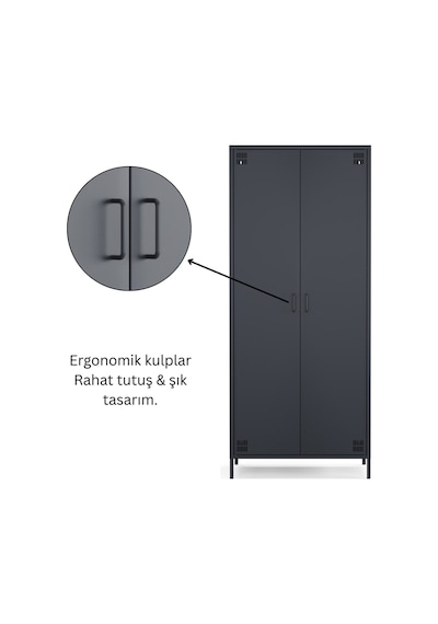 Pera Metal Elbise Dolabı, Soyunma Dolabı, İki Kapılı, 80,50 X 50 X 189,50 Cm Ral 7016 Antrasit